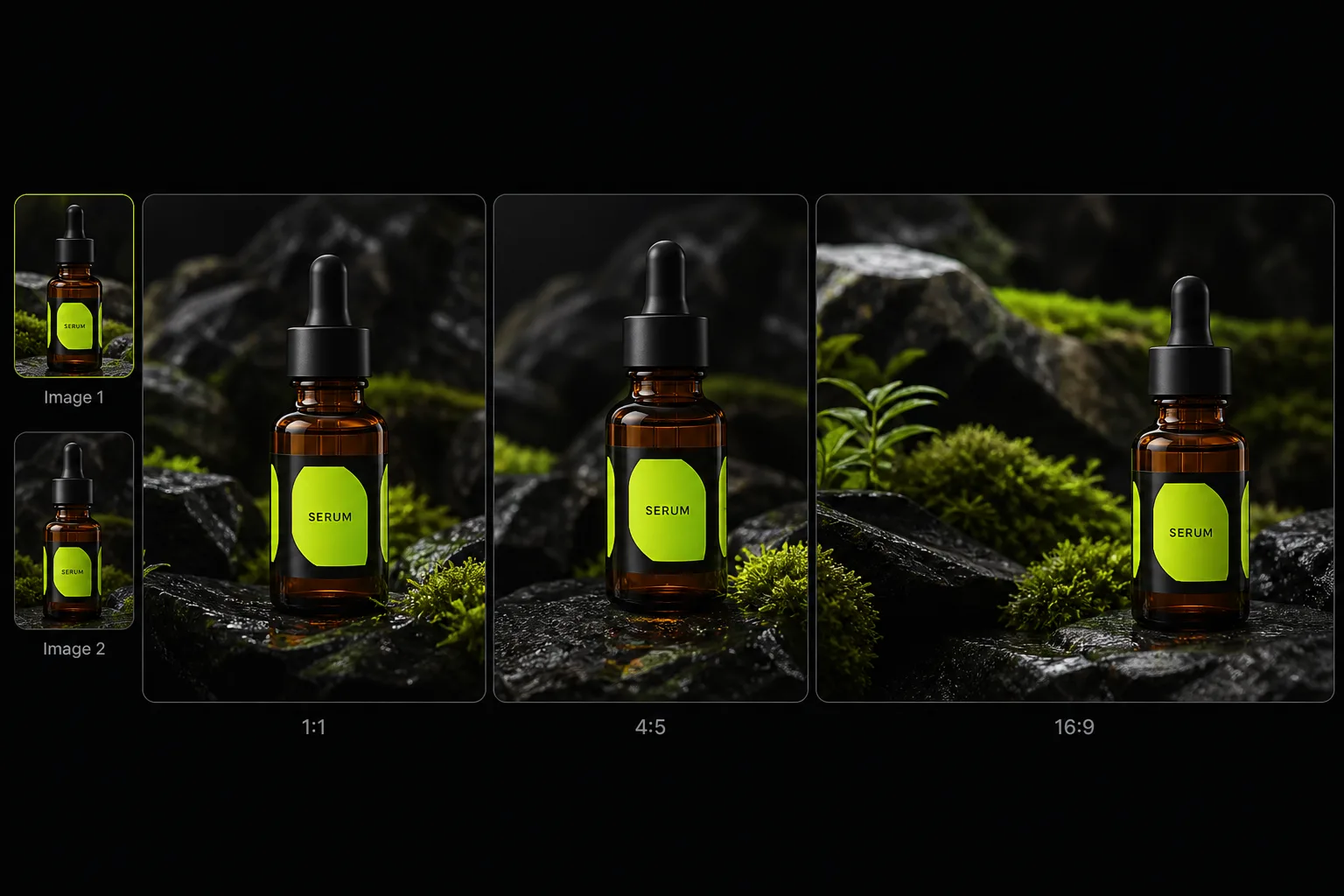 Ecommerce product images formatted in square, vertical, and horizontal ratios
