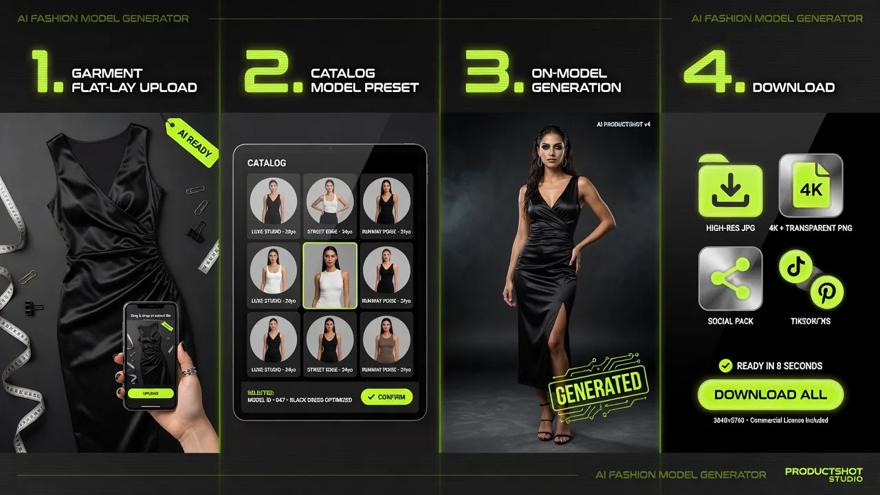 Four-step AI fashion model on-model workflow from garment upload to download