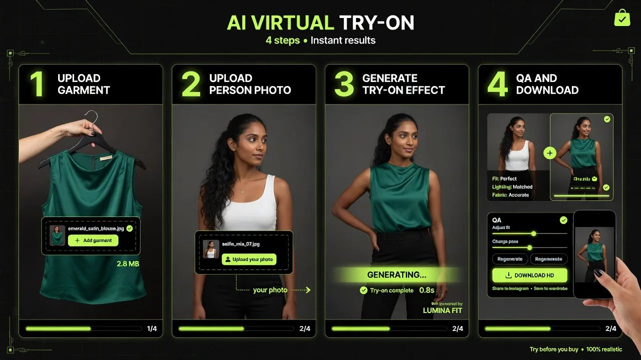 Four-step AI virtual try-on workflow from garment and person upload to download
