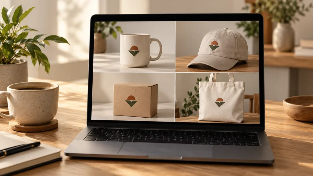 Tablet showing a merch product page beside the branded mug