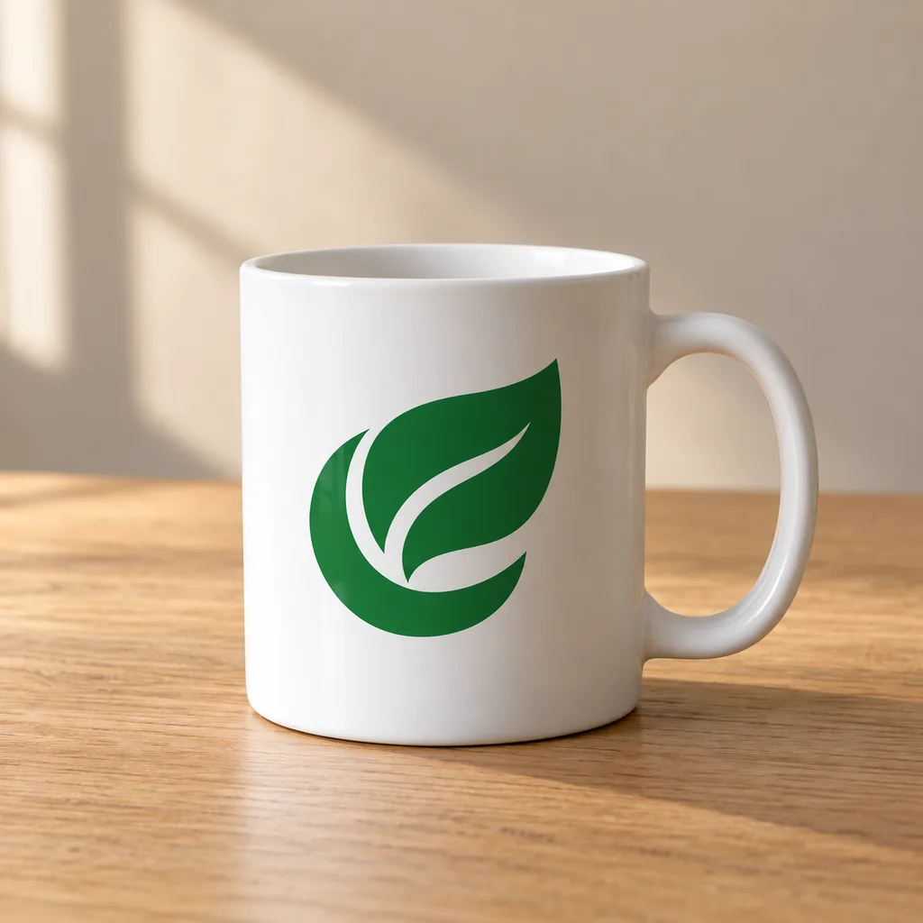The same mug with the sample leaf logo printed on the front