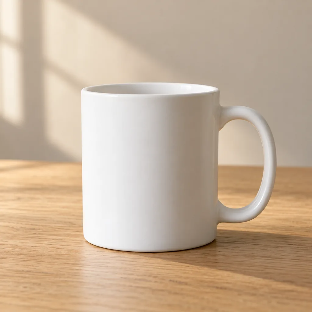 Unbranded white ceramic mug on a wooden table