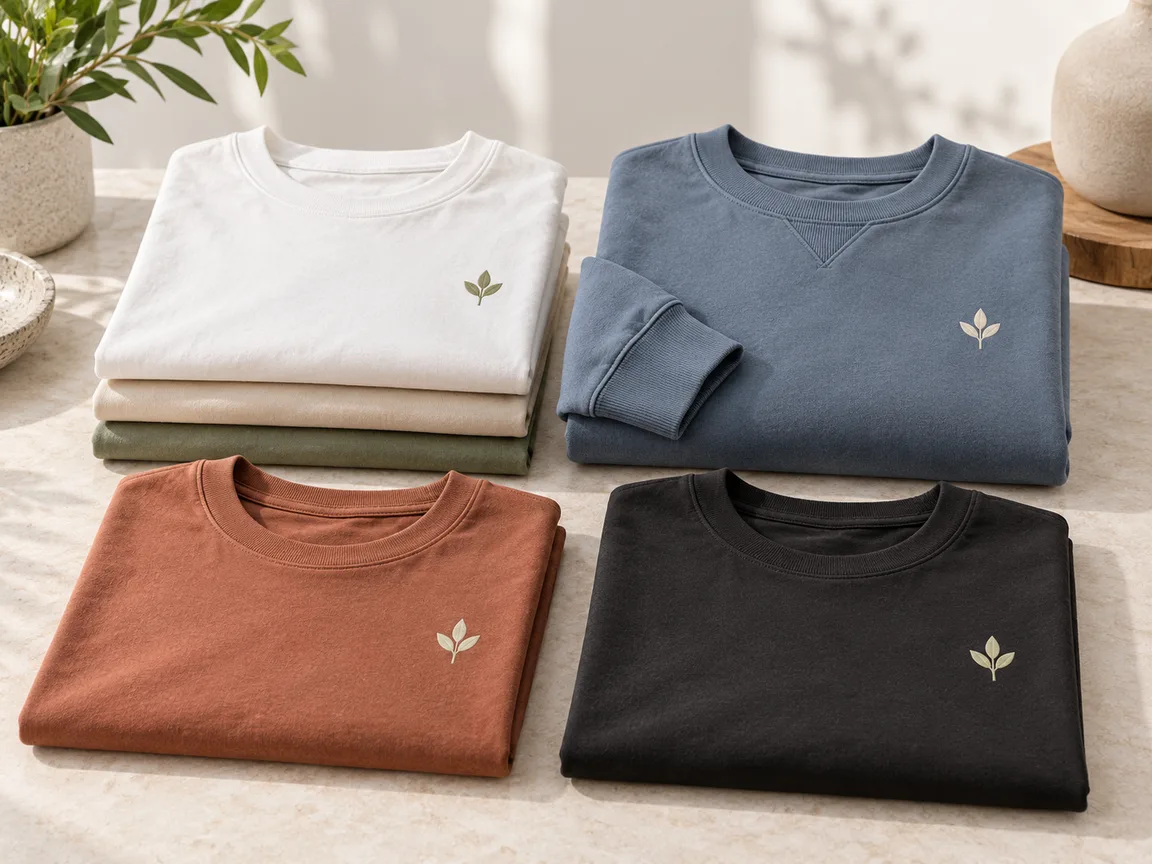 Unbranded blank T-shirts and hoodies folded on a table