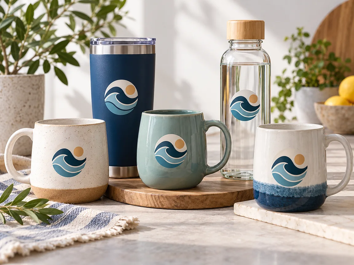 Unbranded ceramic mugs and steel bottles on a shelf