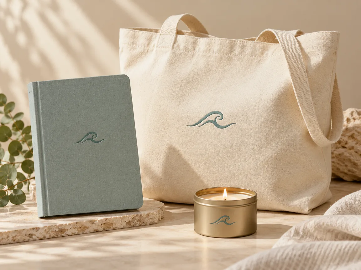 Unbranded gift box with a notebook, pen and tote bag