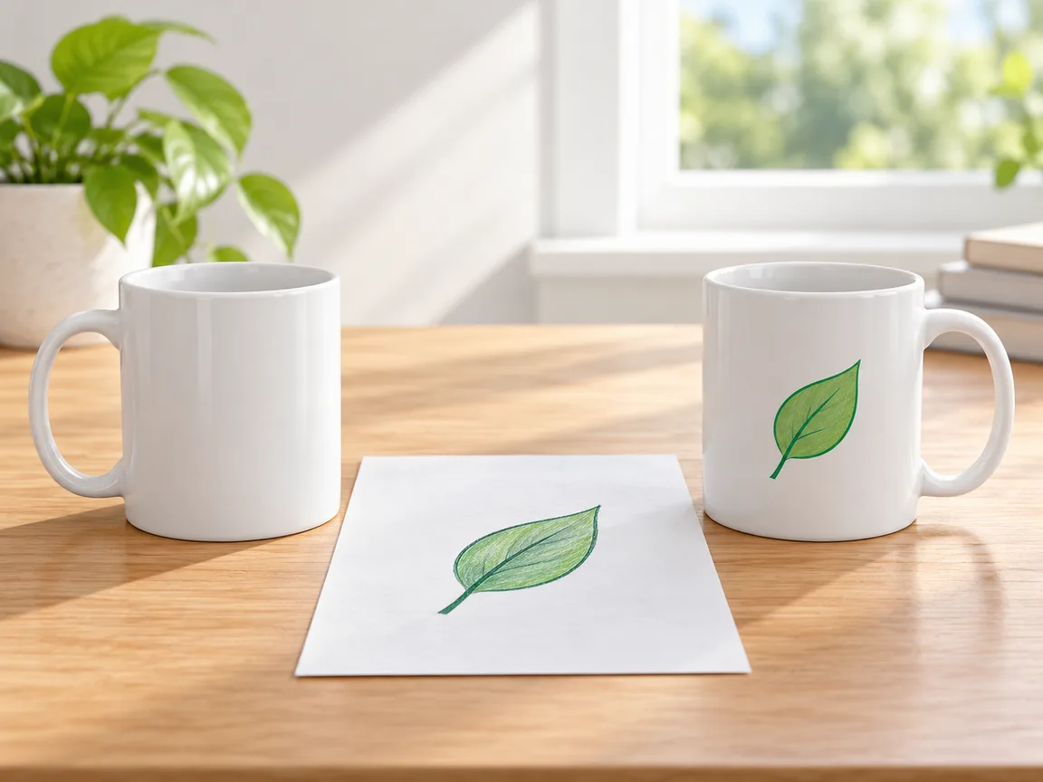 Design workbench with a blank mug, cap and tote beside printed sample logos