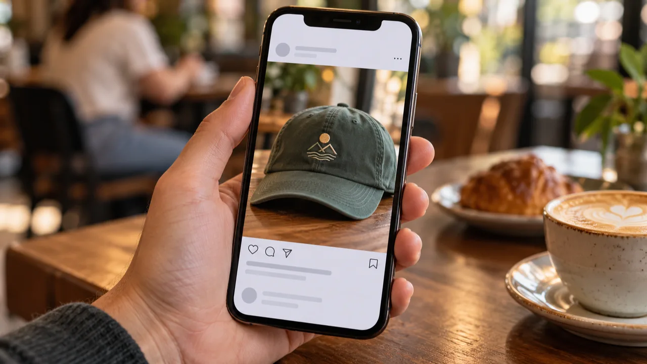 Phone showing a post of a cap with an embroidered logo