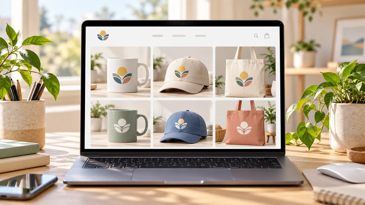 Laptop showing a merch store page next to folded T-shirts