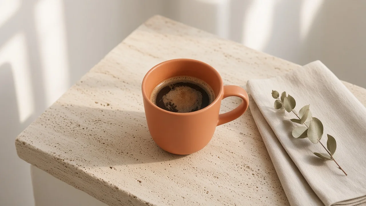 Same terracotta mug on a travertine windowsill with linen and eucalyptus after AI background change
