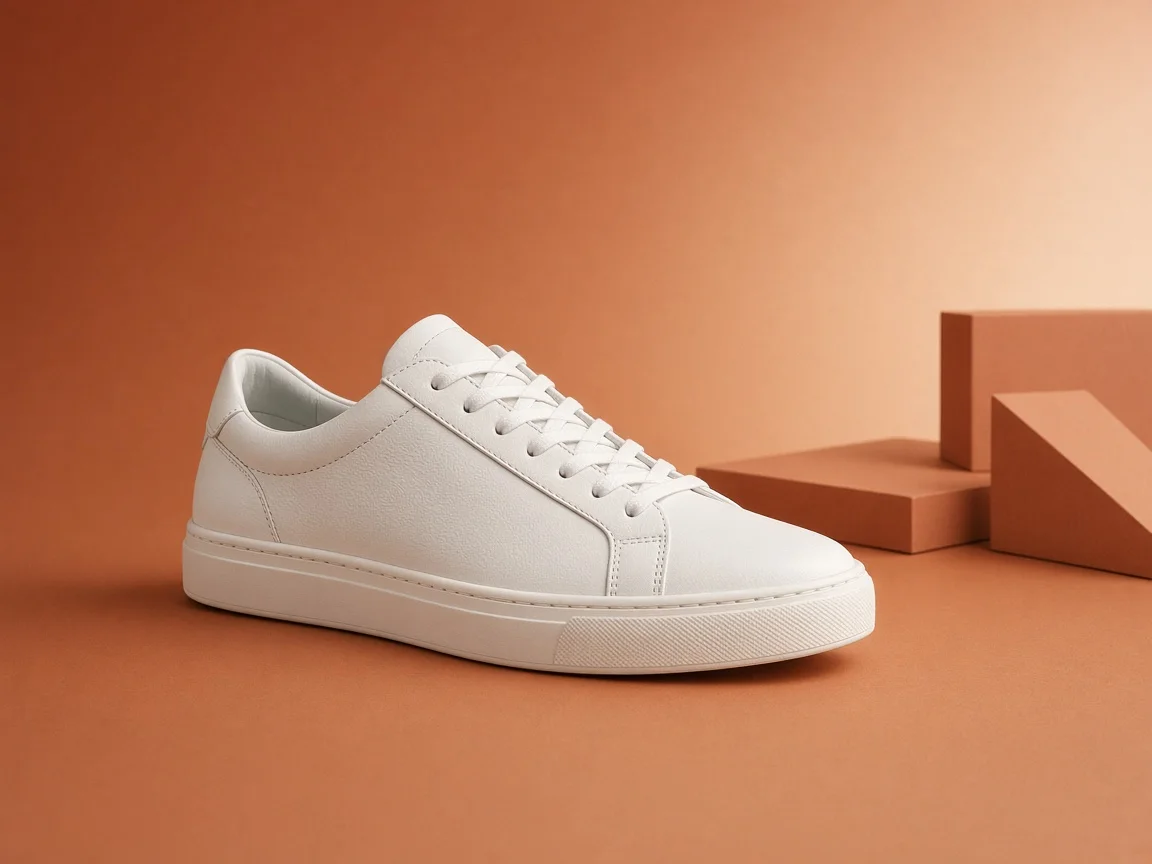 Unbranded white sneaker placed on a warm orange brand campaign backdrop with matching light and shadow