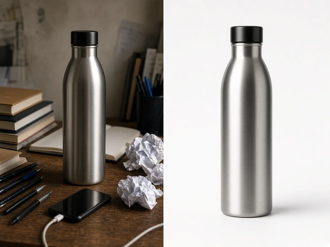 Unbranded steel water bottle on a cluttered desk next to the same bottle on a pure white background