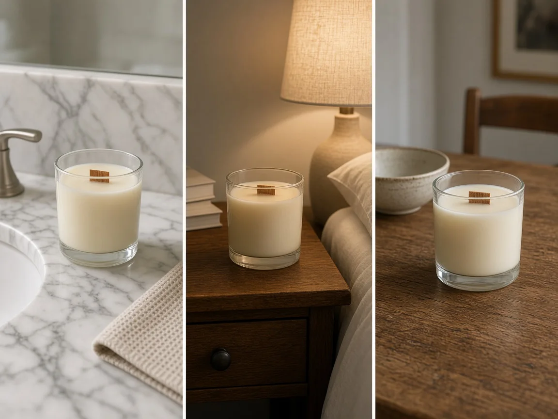 The same unbranded glass jar candle on a bathroom counter, a bedside table and a wooden dining table