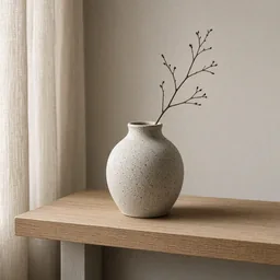 Unbranded speckled ceramic vase on a light oak shelf