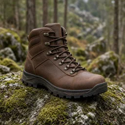 Unbranded brown leather hiking boot on a mossy forest rock