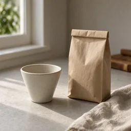 Ceramic coffee dripper and a kraft coffee bag on a sunny kitchen counter