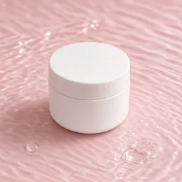 White cream jar on a pale pink water-ripple surface