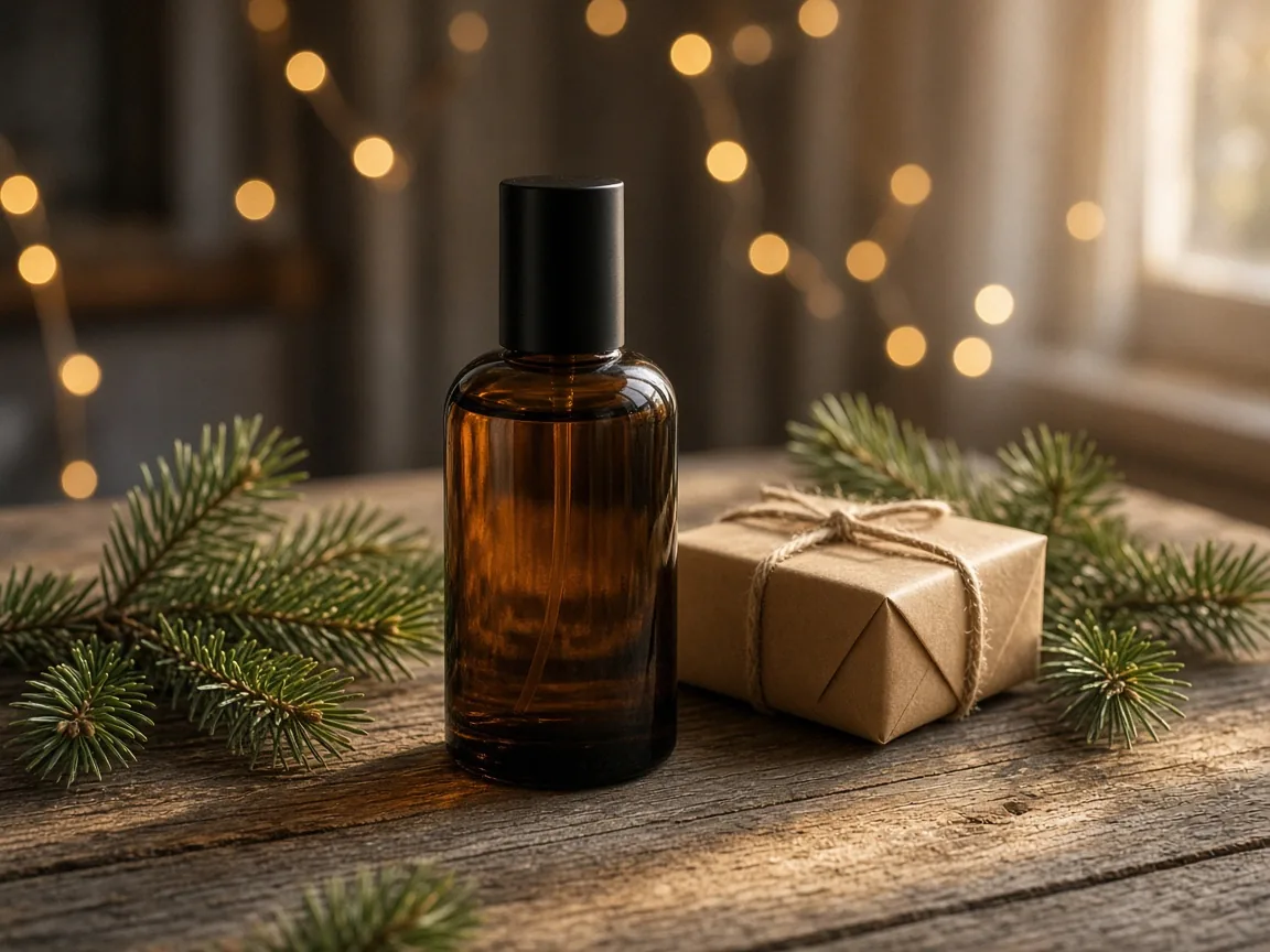 Unbranded amber glass perfume bottle on a wooden table with pine branches, a kraft gift and warm string lights