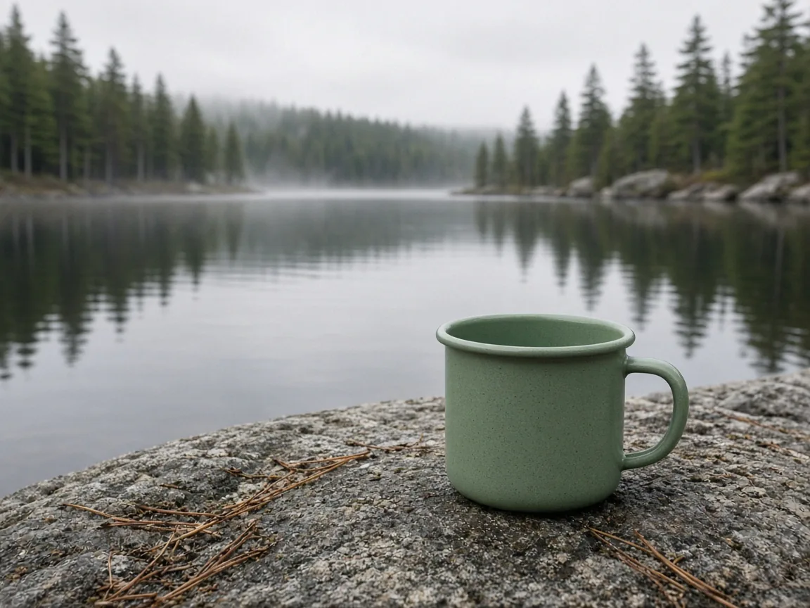 Unbranded sage green enamel camping mug on a granite rock beside a misty lake