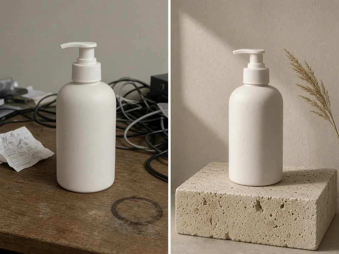 Unbranded white pump bottle on a cluttered desk, and the same bottle moved onto a travertine plinth against a beige wall