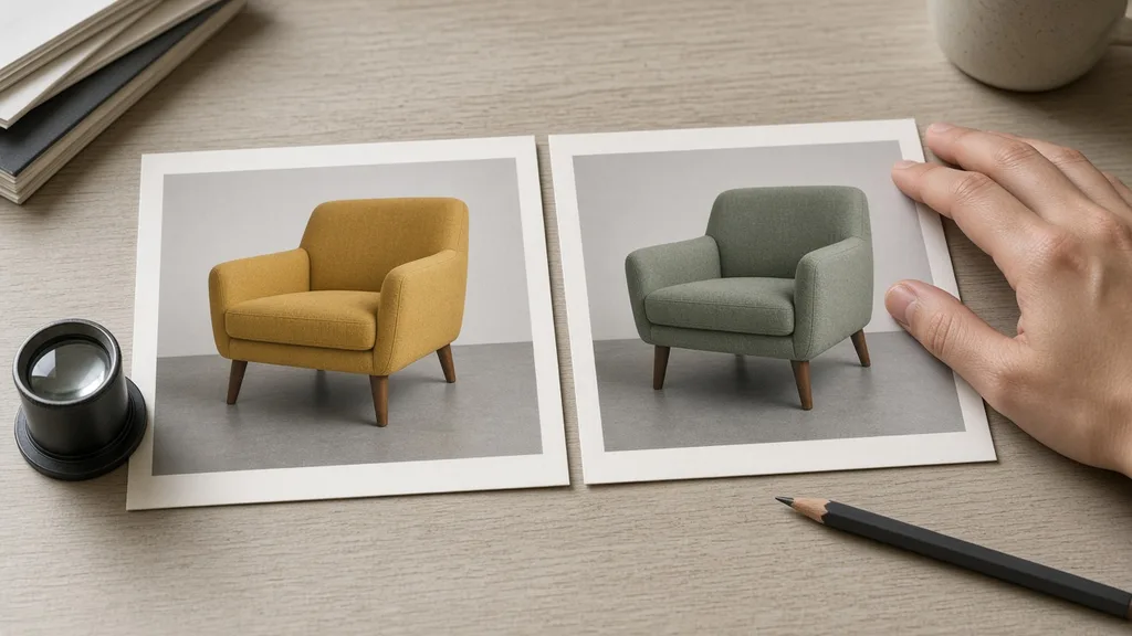 Original and recolored product photos side by side for checking edges and prints