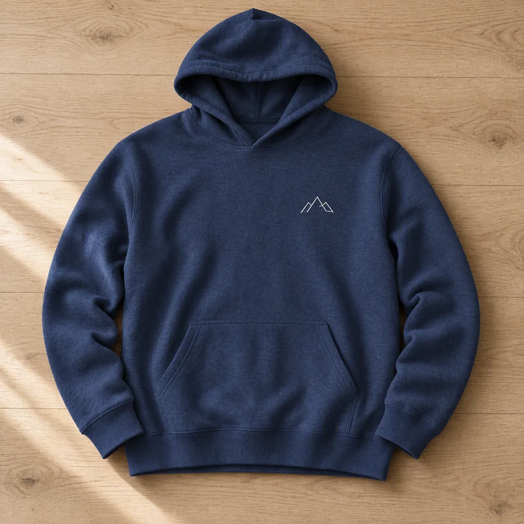 Same hoodie recolored navy blue with the white embroidery and knit texture unchanged