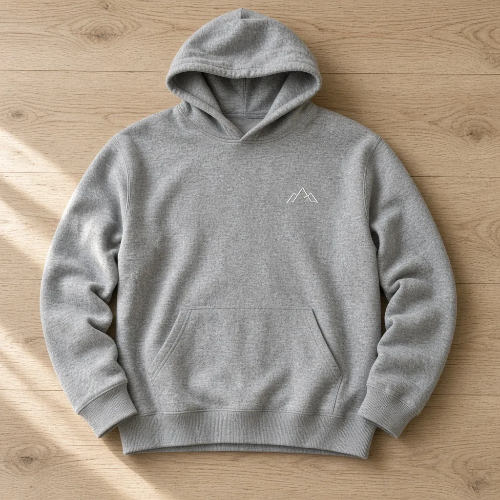 Heather grey hoodie laid flat on a light oak floor with a small white mountain embroidery