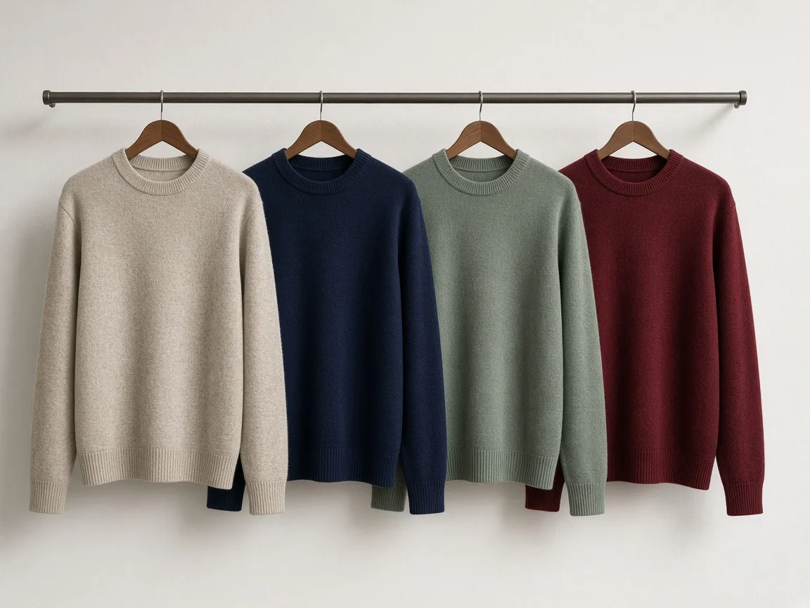 Three folded linen shirts in oat, rust and charcoal stacked on a wooden bench