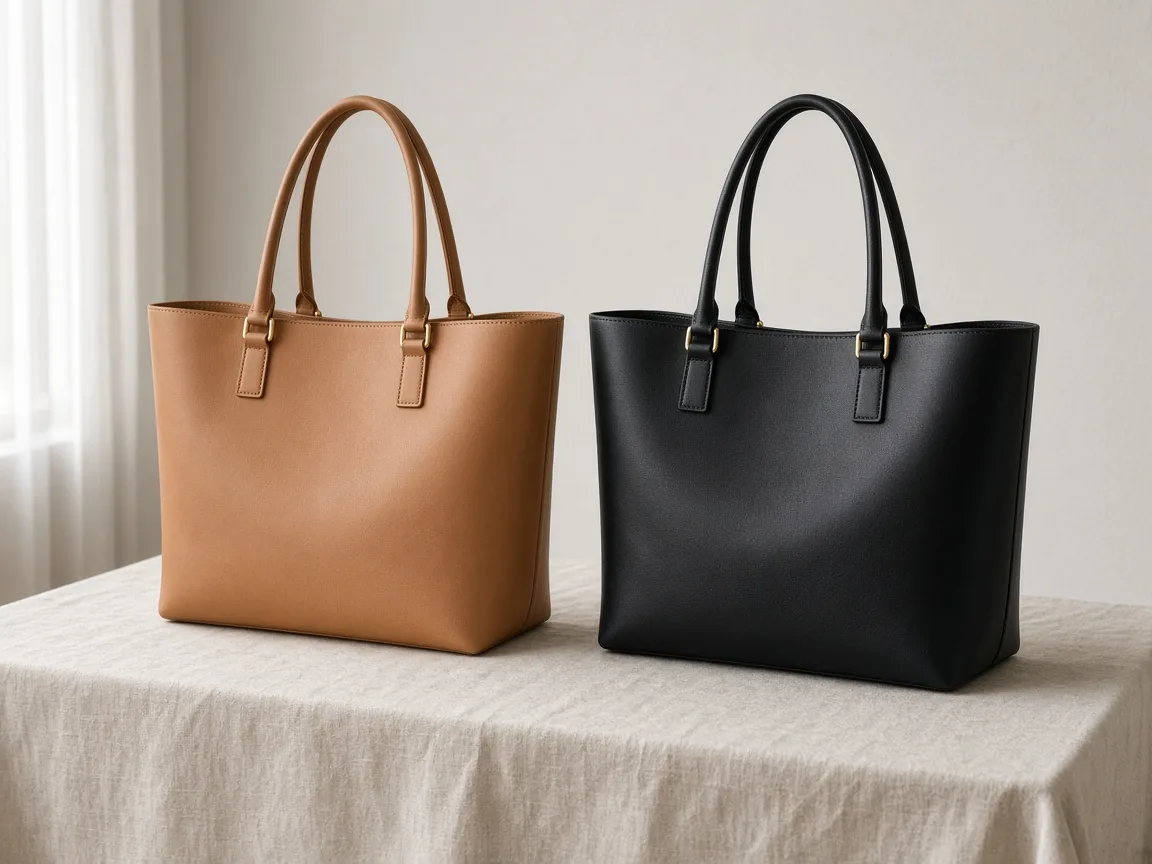 Unbranded tan leather tote bag with brass hardware on a linen-covered table