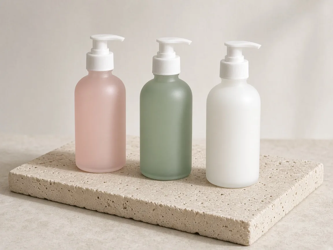 Row of unbranded frosted cosmetic bottles with pastel caps on a stone shelf