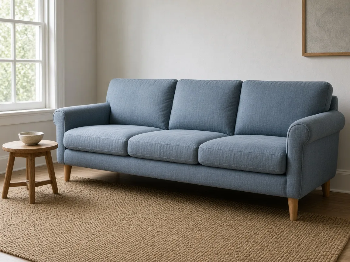 Light grey linen sofa with cushions in a bright living room with a jute rug