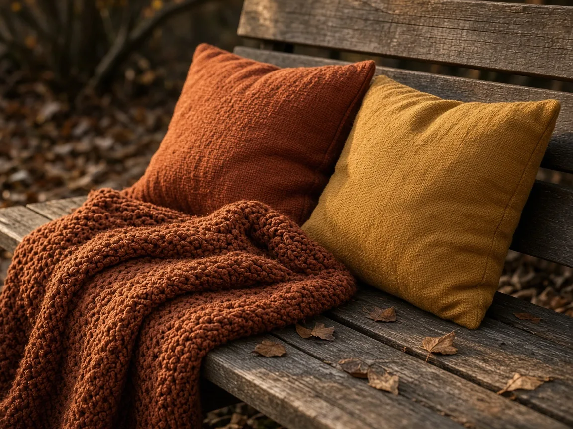 Knit beanies in seasonal autumn colors arranged on a wooden table with dry leaves