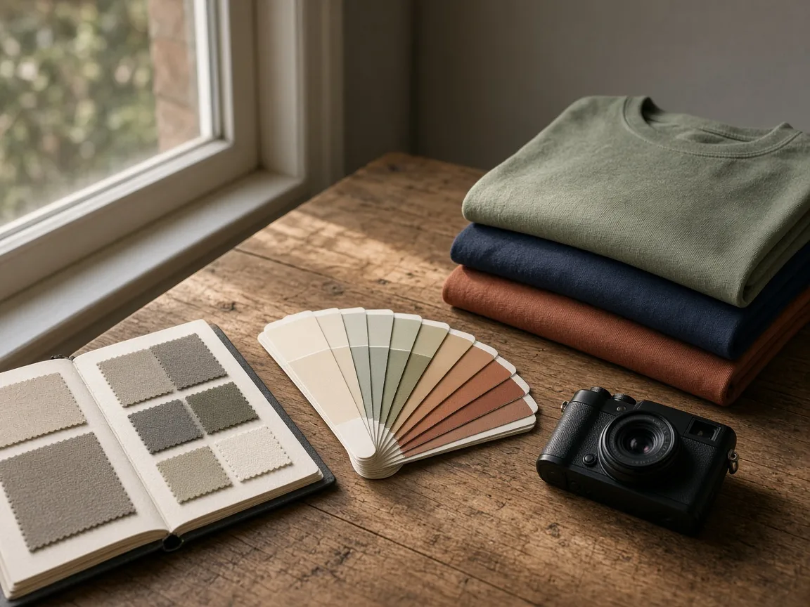 Work table by a window with fabric swatch cards, folded tees in several colors and a camera