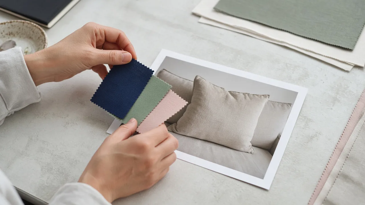 Fabric swatch book and color cards spread on a designer desk with a coffee cup