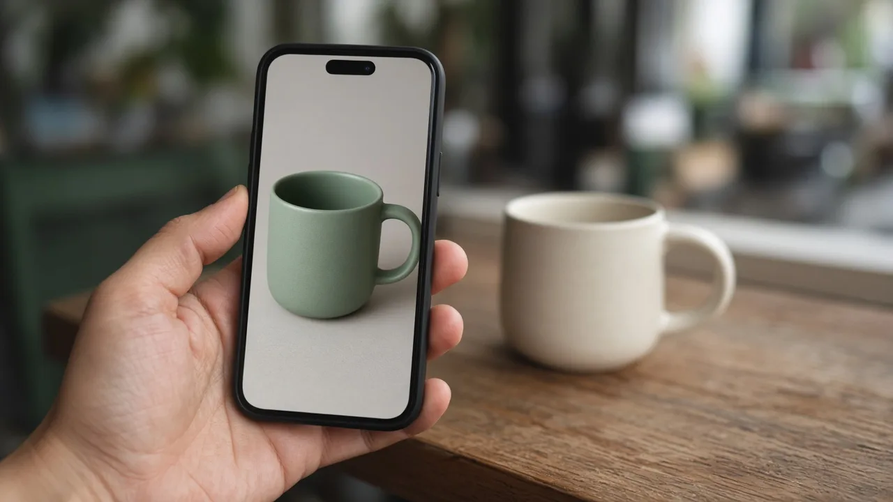 Hand holding a phone above three ceramic mugs in different glazes on a kitchen counter
