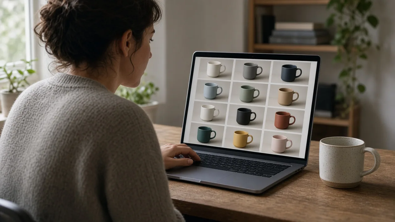Laptop showing a blank product page next to folded tees in several colors