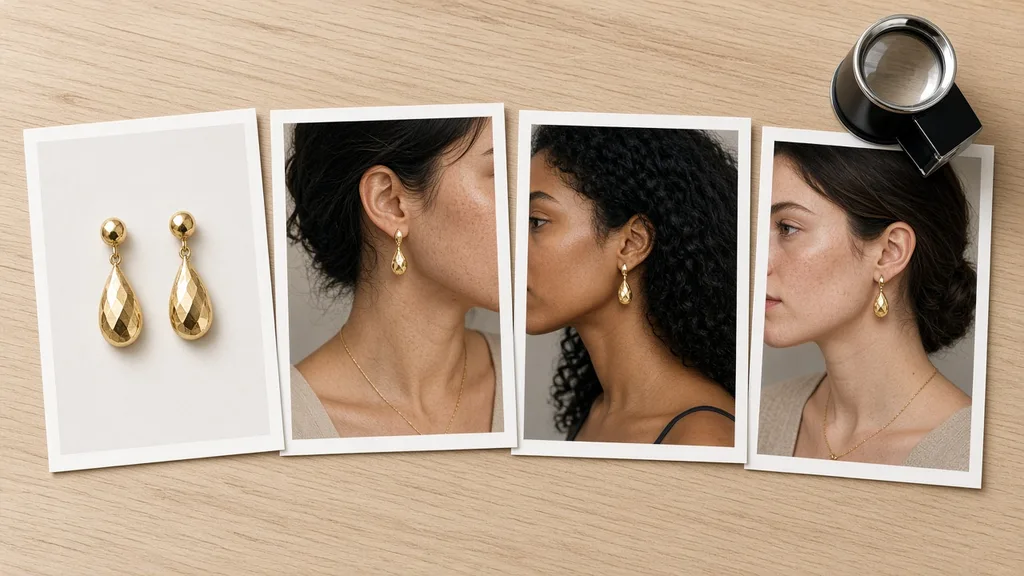 Prints of an earring packshot and three worn versions laid side by side with a loupe