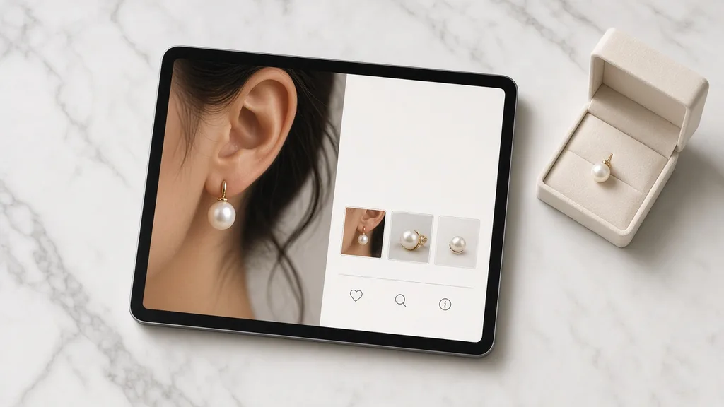 Tablet showing a jewelry product page with a worn earring image next to an earring box