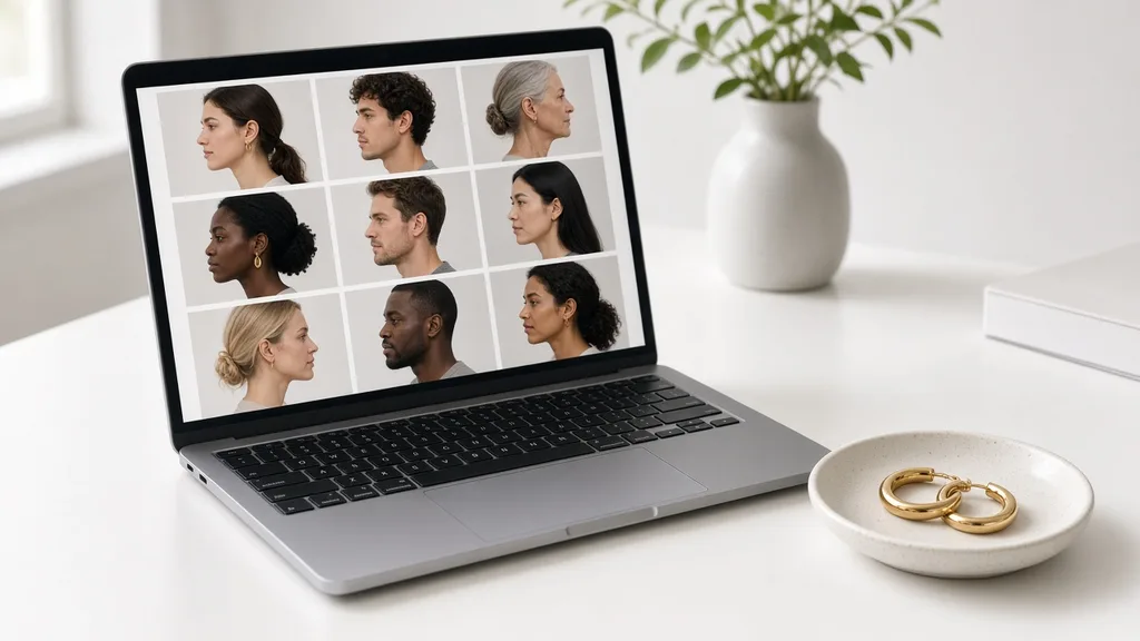 Laptop showing a grid of nine side portraits next to unbranded earrings