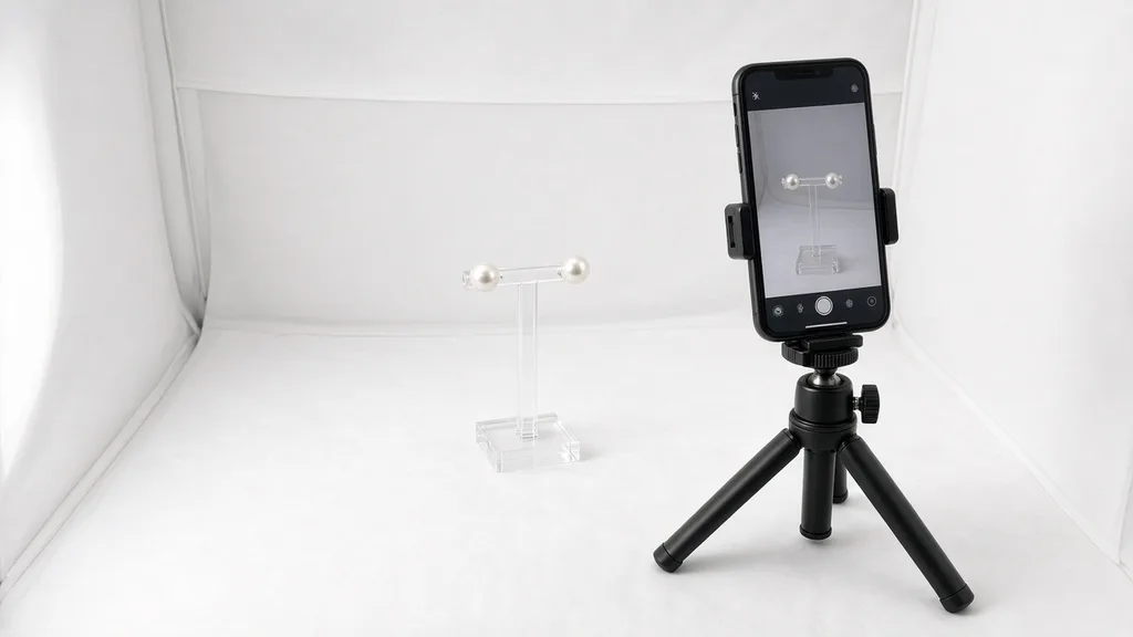 Photographing unbranded pearl earrings on a small stand in a white light tent