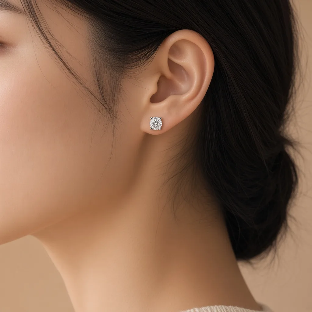 Close-up of a woman wearing the same diamond stud on her earlobe