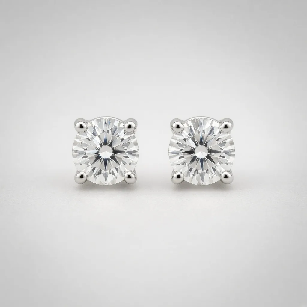 Pair of unbranded white-gold four-prong diamond studs on light grey