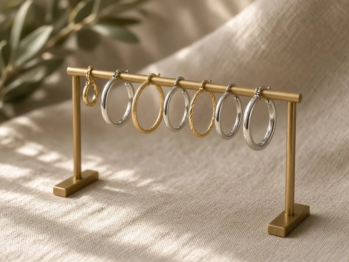 Unbranded gold hoops in three sizes on beige linen