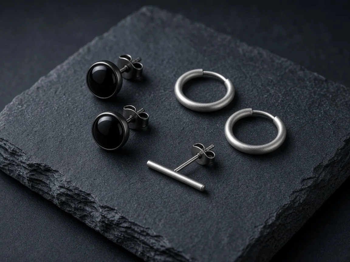 Unbranded black and silver men’s stud earrings on slate