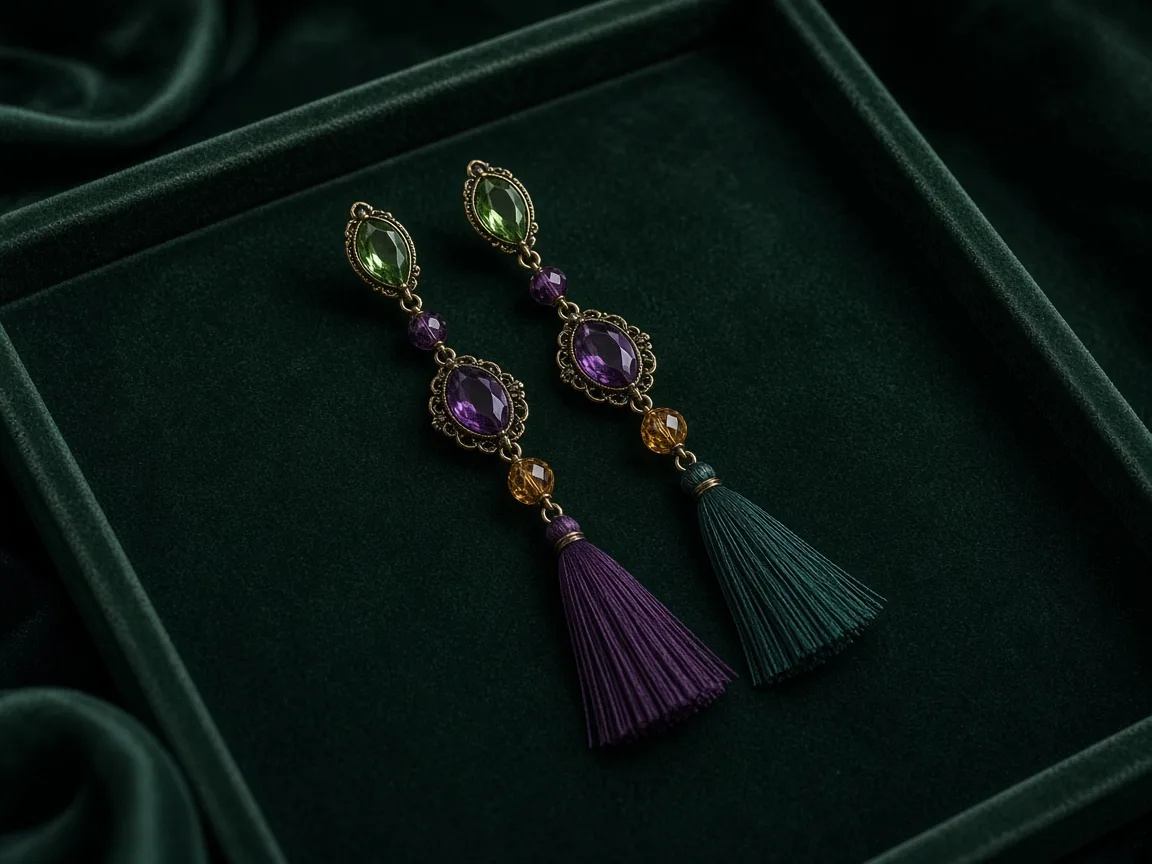 Unbranded long beaded drop earrings hanging on a display stand
