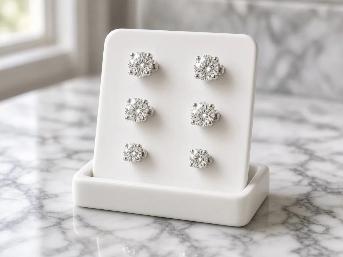 Unbranded pearl and gold studs on a small ceramic dish