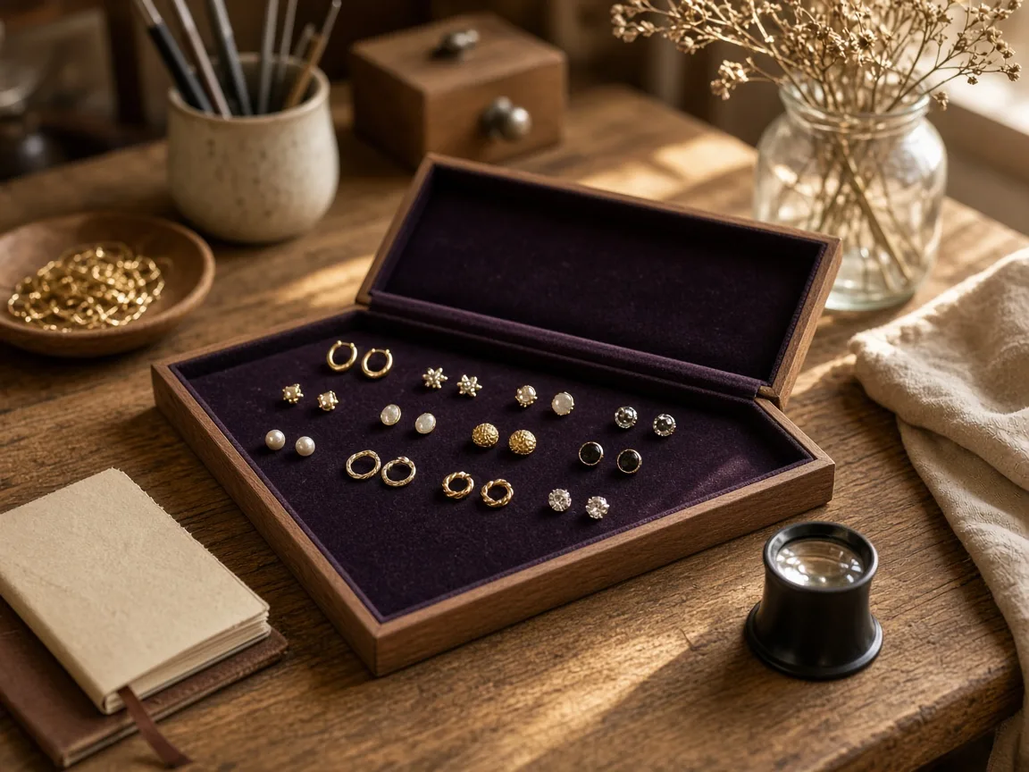 Velvet jewelry tray with several unbranded earrings on an old wooden table beside a loupe