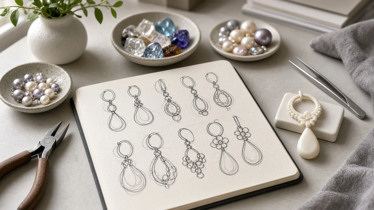 Designer desk with earring sketches, findings and loose beads