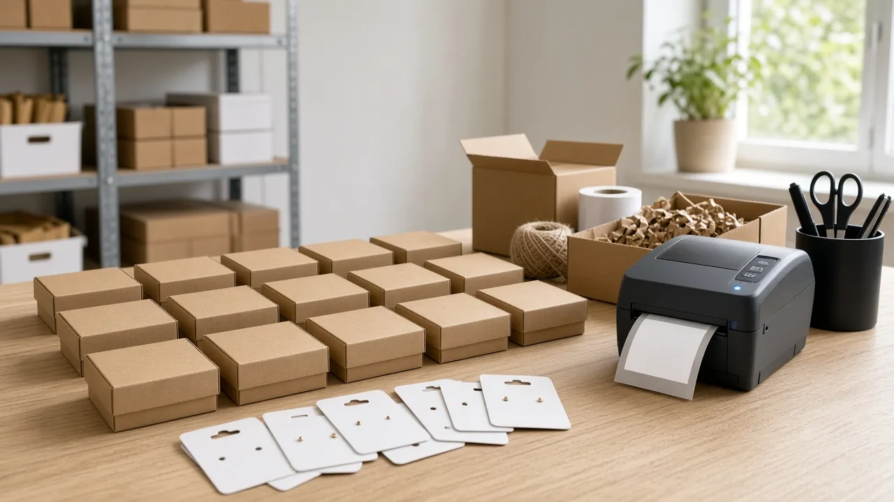 Rows of unbranded earring cards on a packing table