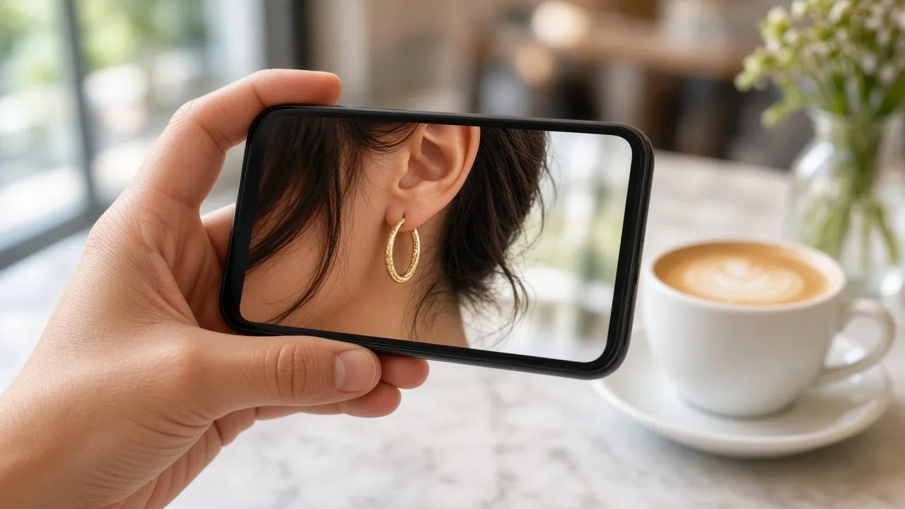 Hand holding a phone showing a worn earring photo at a café table