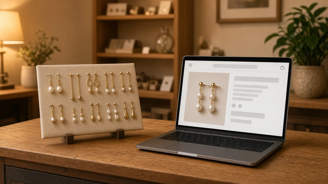 Jewelry shop counter with earring cards and a laptop